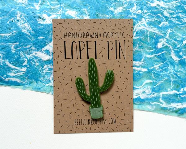 Cactus Pin - Acrylic Pin - Cactus Brooch - Lapel Pin - Laser Cut - Botanical Pin - Plant Brooch - Engraved Badge