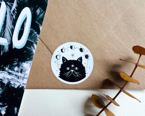 Lunar Cat Sticker Pack - Set of 10 - 1.5" Circle Stickers - Hand Drawn Sticker - Cat Sticker - Cat Lady Sticker - Kitty Seal - Envelope Seal
