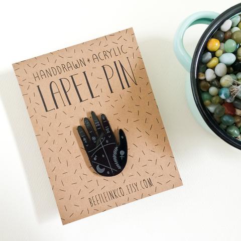 Palmistry Pin - Acrylic Pin - Hand Badge - Lapel Pin - Laser Cut - Black Brooch - Palmistry - Tarot Card - Palm Reading Pin - Hand Button